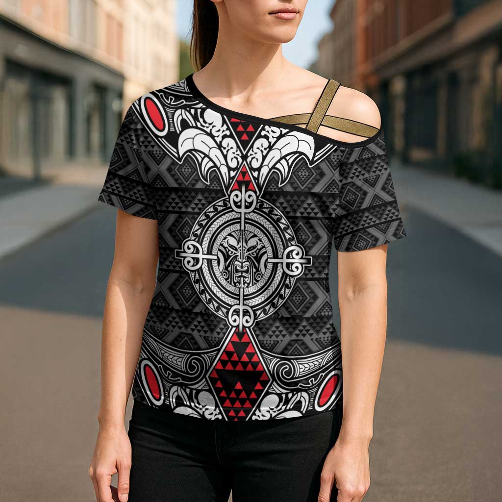 Black Aotearoa Taniko Motif Cross Shoulder Shirt Vintage Maori New Zealand Tribal Art Pattern LT9 - Polynesian Pride