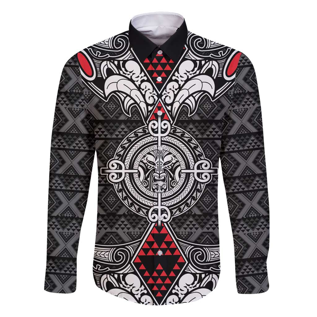 Black Aotearoa Tanilo Motif Family Matching Mermaid Dress and Hawaiian Shirt Vintage Maori New Zealand Tribal Art Pattern LT9 Dad's Shirt - Long Sleeve Black - Polynesian Pride