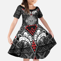 Black Aotearoa Tanilo Motif Family Matching Off Shoulder Maxi Dress and Hawaiian Shirt Vintage Maori New Zealand Tribal Art Pattern LT9 Daughter's Dress Black - Polynesian Pride