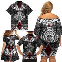 Black Aotearoa Tanilo Motif Family Matching Off Shoulder Short Dress and Hawaiian Shirt Vintage Maori New Zealand Tribal Art Pattern LT9 - Polynesian Pride