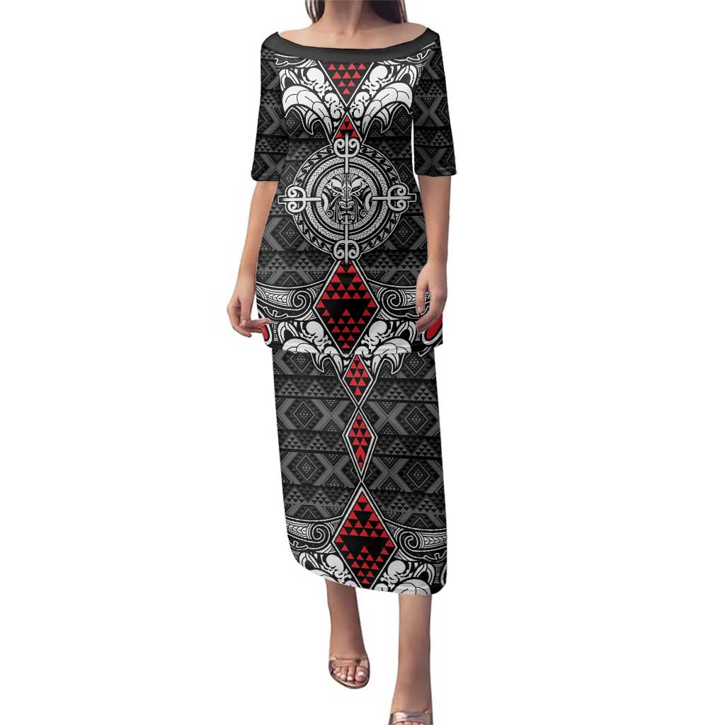 Black Aotearoa Tanilo Motif Family Matching Puletasi and Hawaiian Shirt Vintage Maori New Zealand Tribal Art Pattern LT9 Mom's Dress Black - Polynesian Pride