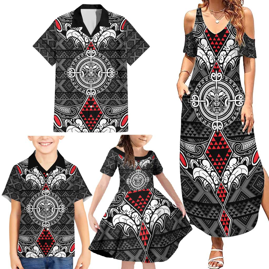 Black Aotearoa Tanilo Motif Family Matching Summer Maxi Dress and Hawaiian Shirt Vintage Maori New Zealand Tribal Art Pattern LT9 - Polynesian Pride