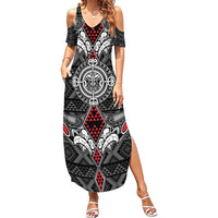 Black Aotearoa Tanilo Motif Family Matching Summer Maxi Dress and Hawaiian Shirt Vintage Maori New Zealand Tribal Art Pattern LT9 Mom's Dress Black - Polynesian Pride