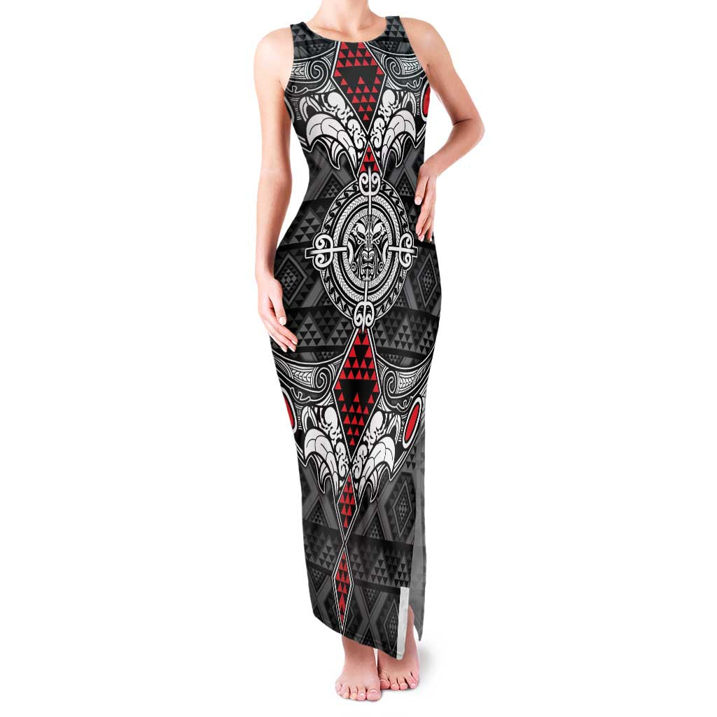 Black Aotearoa Tanilo Motif Family Matching Tank Maxi Dress and Hawaiian Shirt Vintage Maori New Zealand Tribal Art Pattern LT9 Mom's Dress Black - Polynesian Pride