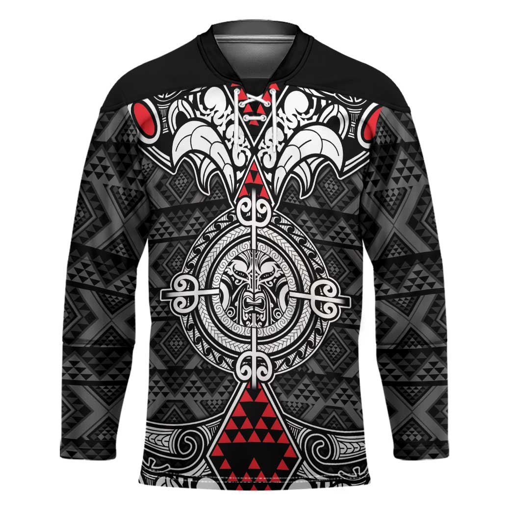 Black Aotearoa Taniko Motif Hockey Jersey Vintage Maori New Zealand Tribal Art Pattern - Polynesian Pride