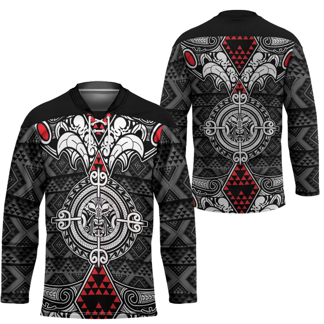 Black Aotearoa Taniko Motif Hockey Jersey Vintage Maori New Zealand Tribal Art Pattern LT9 - Polynesian Pride