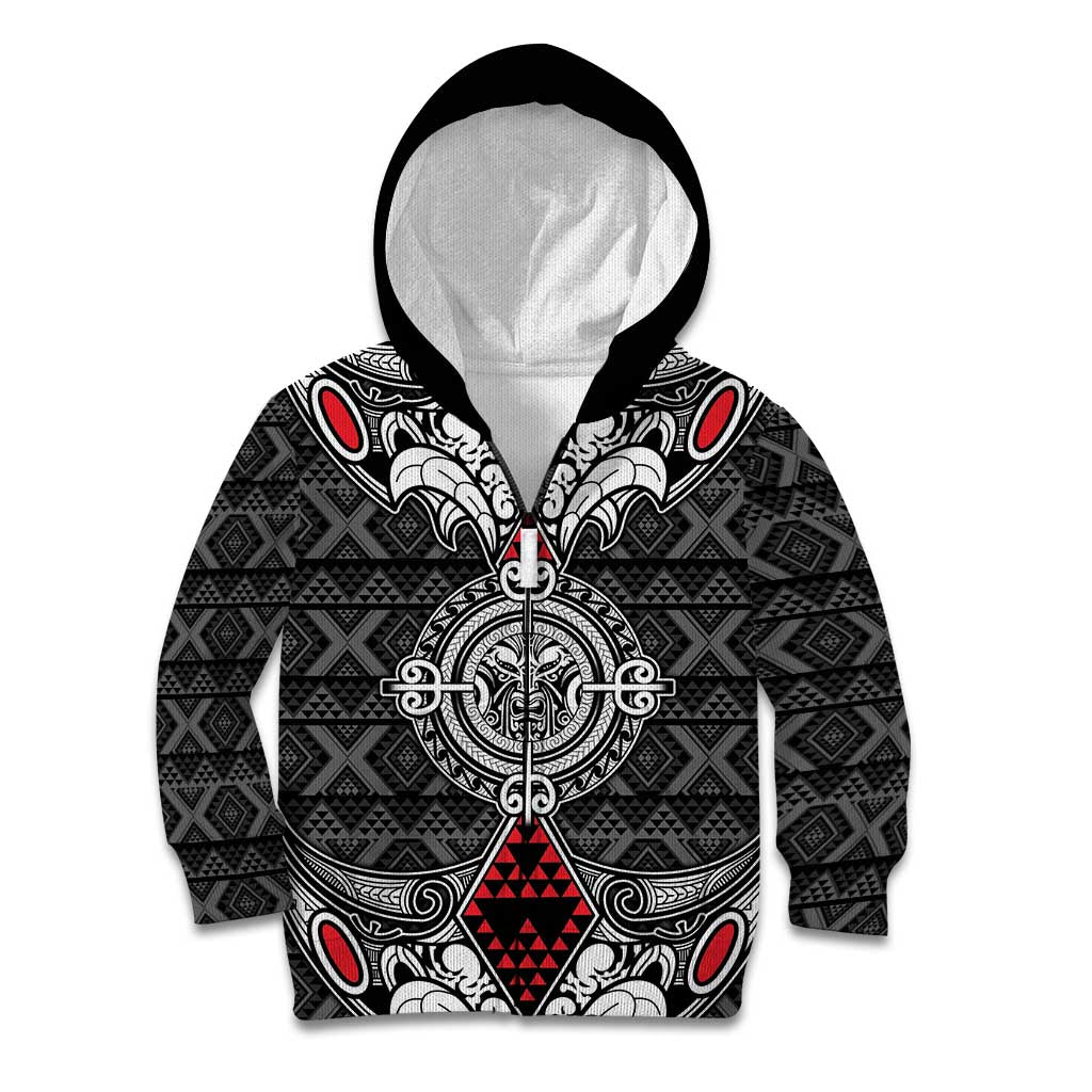Black Aotearoa Tanilo Motif Kid Hoodie Vintage Maori New Zealand Tribal Art Pattern LT9 Zip Hoodie Black - Polynesian Pride