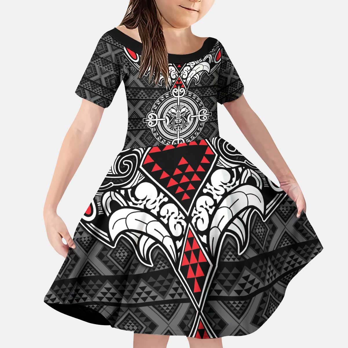 Black Aotearoa Tanilo Motif Kid Short Sleeve Dress Vintage Maori New Zealand Tribal Art Pattern LT9 KID Black - Polynesian Pride