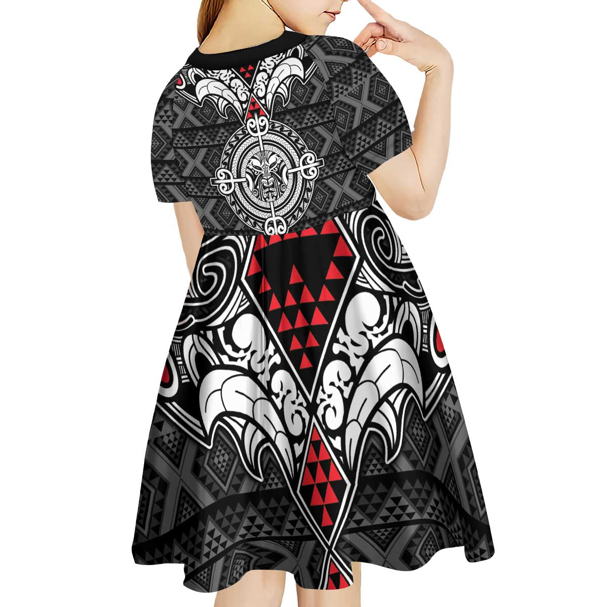 Black Aotearoa Tanilo Motif Kid Short Sleeve Dress Vintage Maori New Zealand Tribal Art Pattern LT9 - Polynesian Pride