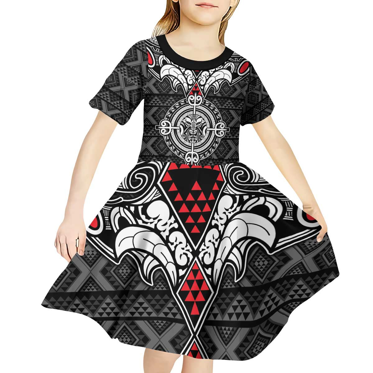 Black Aotearoa Tanilo Motif Kid Short Sleeve Dress Vintage Maori New Zealand Tribal Art Pattern LT9 - Polynesian Pride