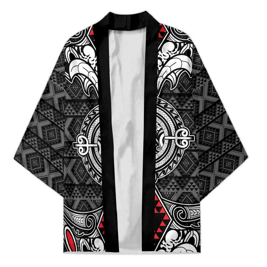 Black Aotearoa Taniko Motif Kimono Vintage Maori New Zealand Tribal Art Pattern LT9 Unisex Black - Polynesian Pride