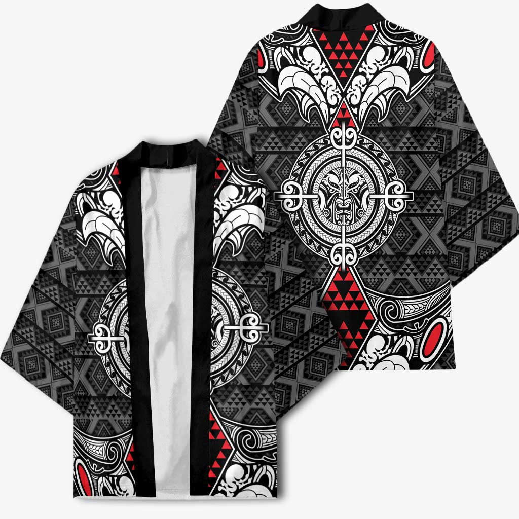 Black Aotearoa Taniko Motif Kimono Vintage Maori New Zealand Tribal Art Pattern LT9 - Polynesian Pride
