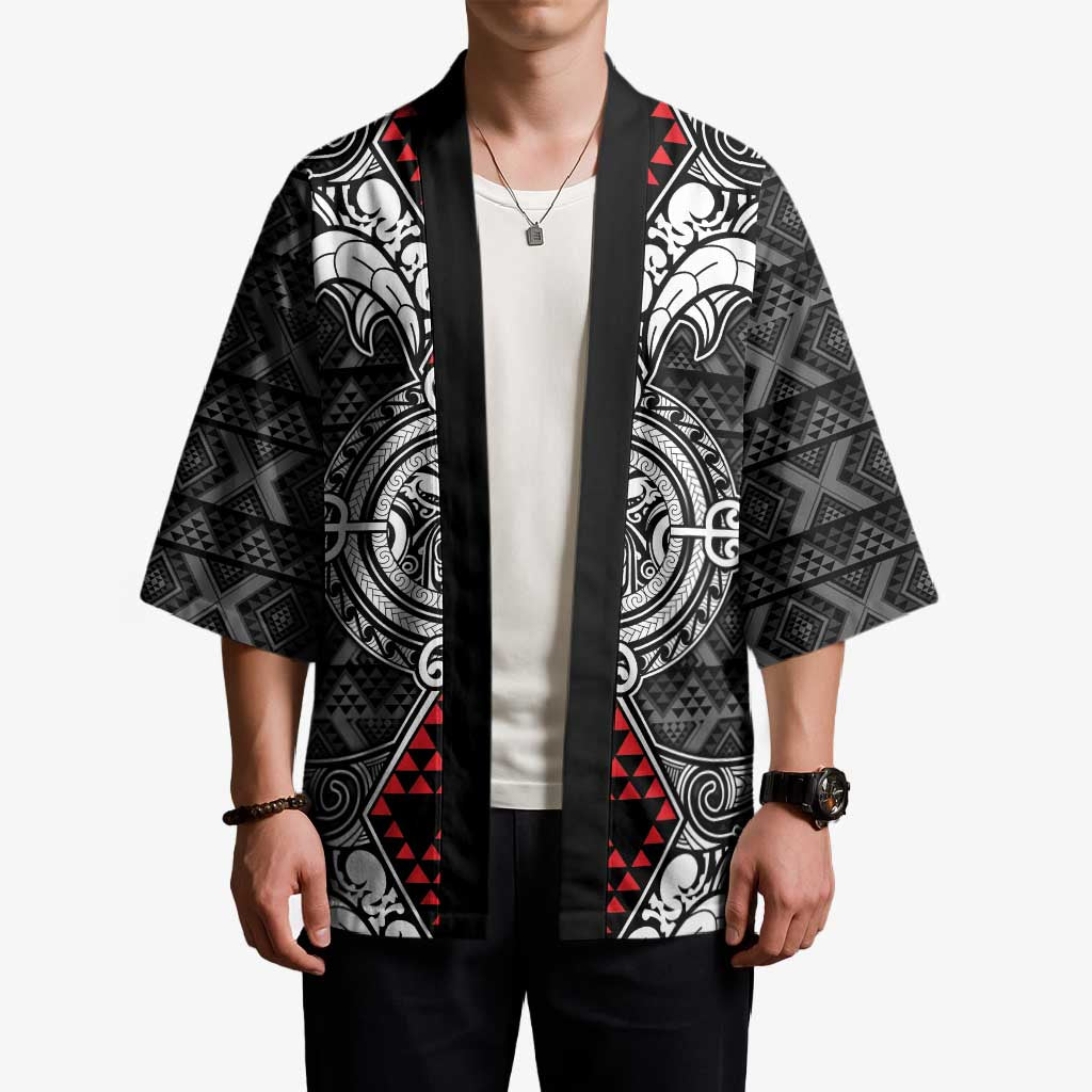 Black Aotearoa Taniko Motif Kimono Vintage Maori New Zealand Tribal Art Pattern LT9 - Polynesian Pride
