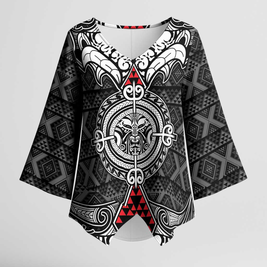 Black Aotearoa Taniko Motif Kimono Sleeve Blouse Vintage Maori New Zealand Tribal Art Pattern LT9 Female Black - Polynesian Pride