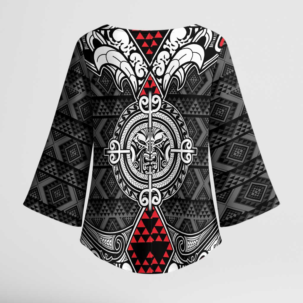 Black Aotearoa Taniko Motif Kimono Sleeve Blouse Vintage Maori New Zealand Tribal Art Pattern LT9 - Polynesian Pride