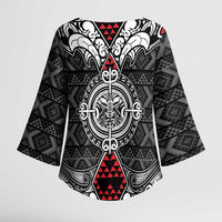 Black Aotearoa Taniko Motif Kimono Sleeve Blouse Vintage Maori New Zealand Tribal Art Pattern LT9 - Polynesian Pride
