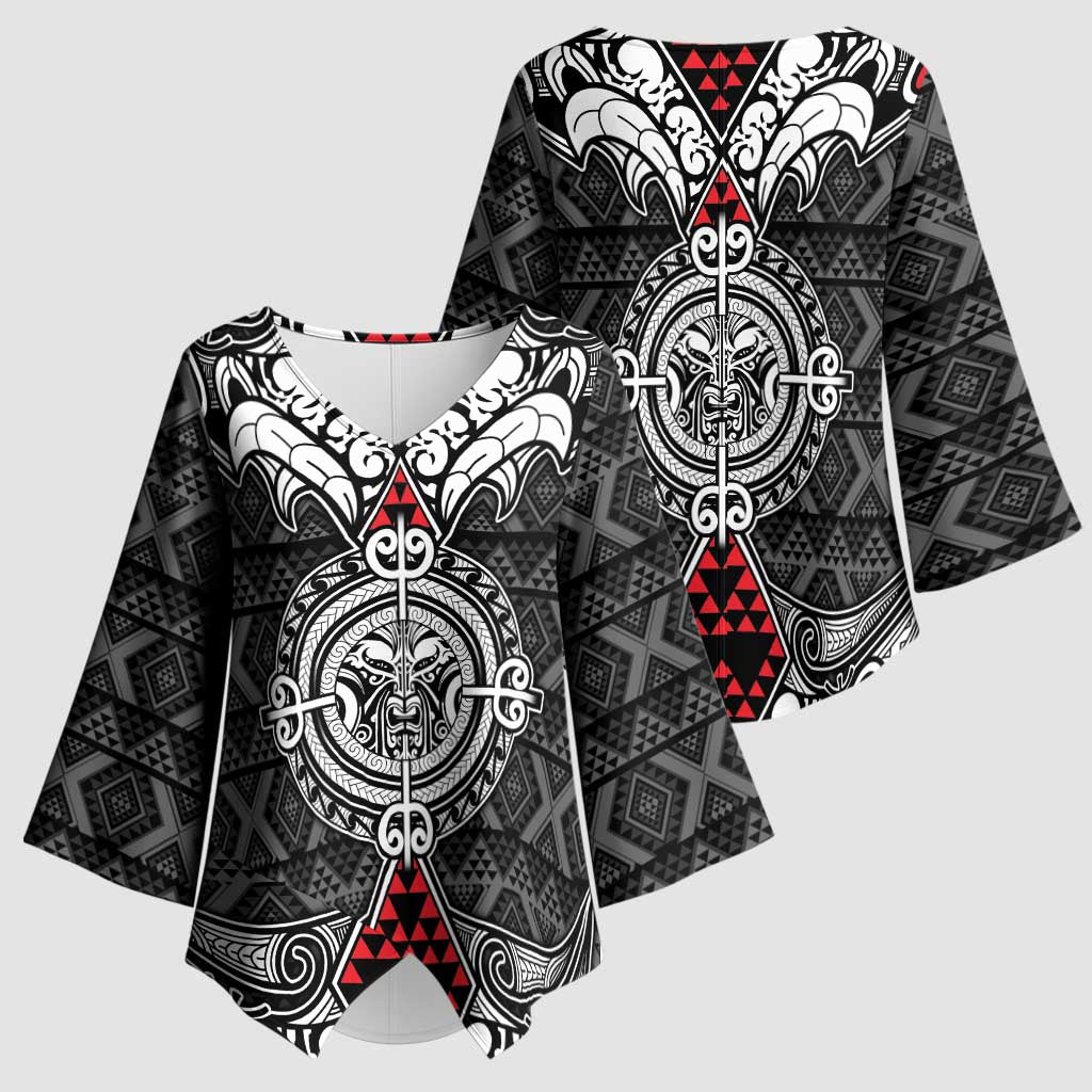 Black Aotearoa Taniko Motif Kimono Sleeve Blouse Vintage Maori New Zealand Tribal Art Pattern LT9 - Polynesian Pride