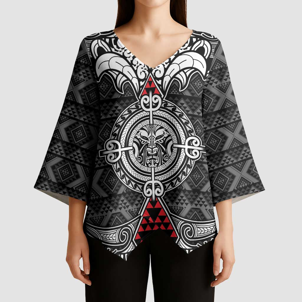 Black Aotearoa Taniko Motif Kimono Sleeve Blouse Vintage Maori New Zealand Tribal Art Pattern LT9 - Polynesian Pride