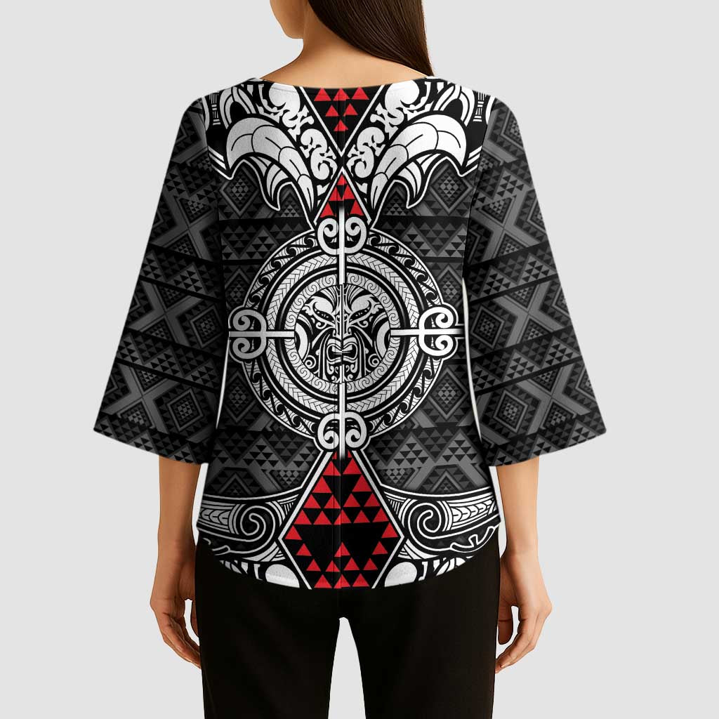 Black Aotearoa Taniko Motif Kimono Sleeve Blouse Vintage Maori New Zealand Tribal Art Pattern LT9 - Polynesian Pride