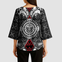 Black Aotearoa Taniko Motif Kimono Sleeve Blouse Vintage Maori New Zealand Tribal Art Pattern LT9 - Polynesian Pride