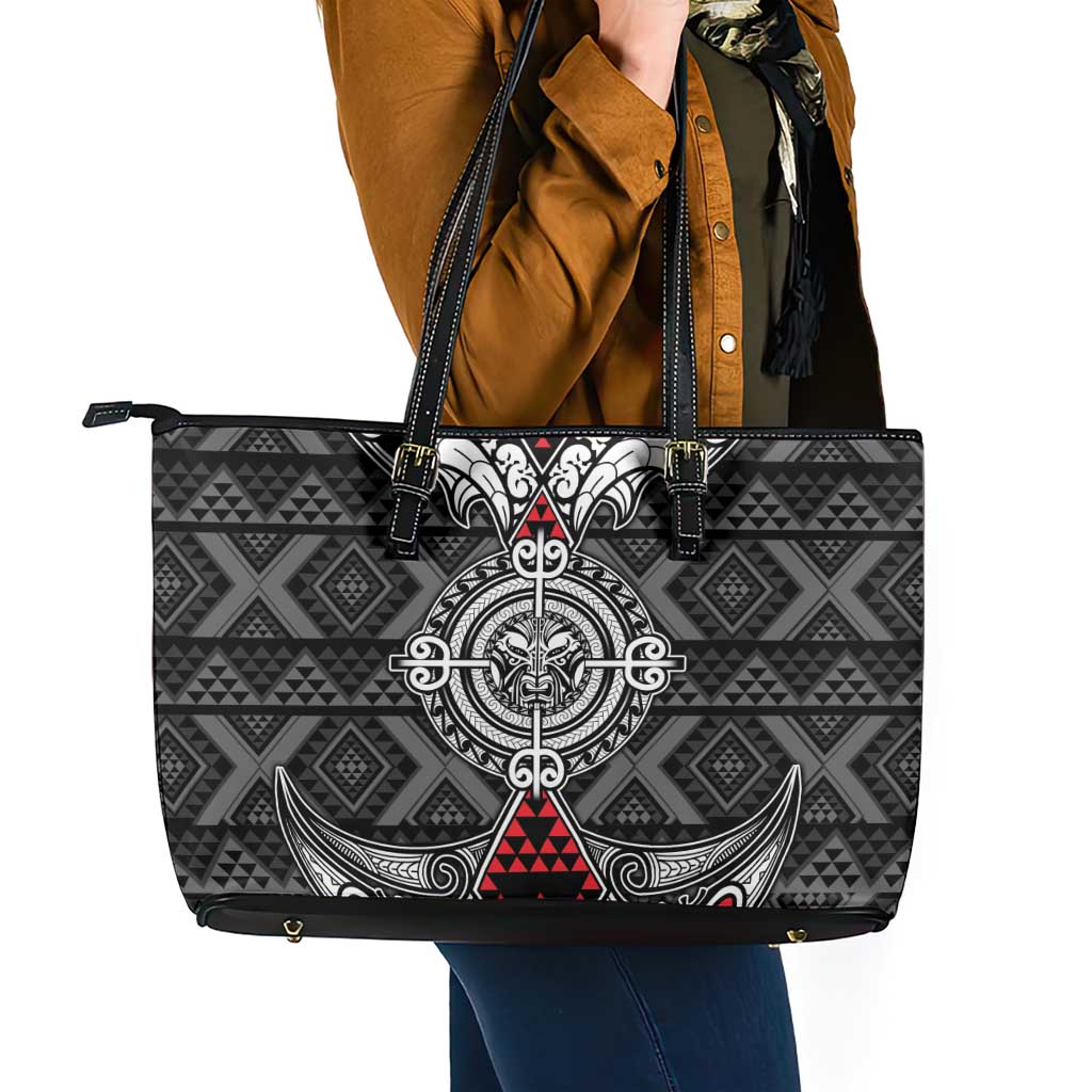 Black Aotearoa Taniko Motif Leather Tote Bag Vintage Maori New Zealand Tribal Art Pattern LT9 - Polynesian Pride