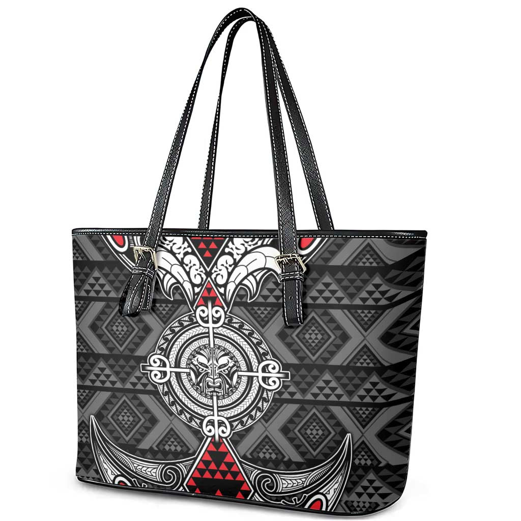 Black Aotearoa Taniko Motif Leather Tote Bag Vintage Maori New Zealand Tribal Art Pattern LT9 - Polynesian Pride