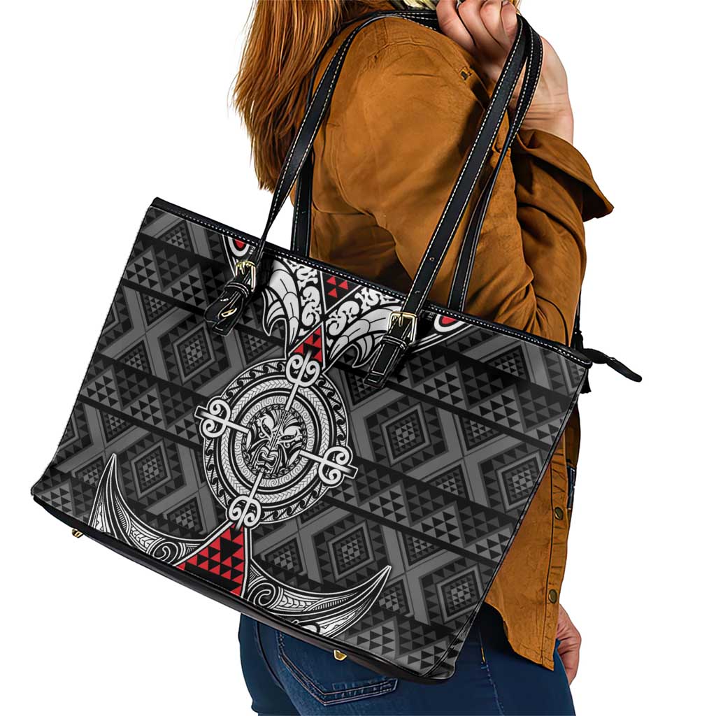 Black Aotearoa Taniko Motif Leather Tote Bag Vintage Maori New Zealand Tribal Art Pattern LT9 - Polynesian Pride