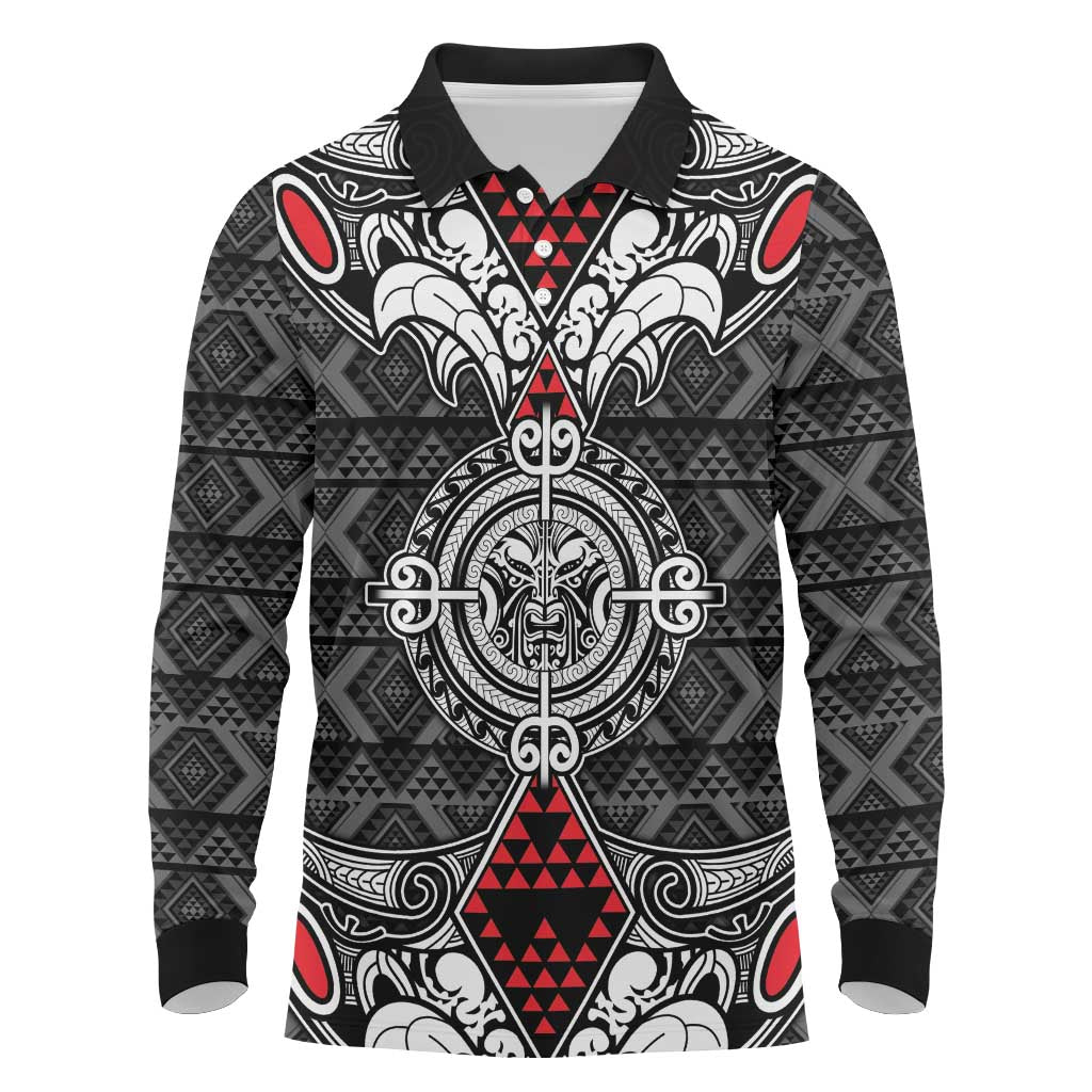 Black Aotearoa Tanilo Motif Long Sleeve Polo Shirt Vintage Maori New Zealand Tribal Art Pattern LT9 Black - Polynesian Pride