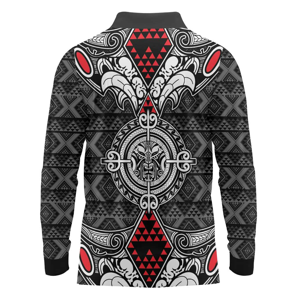Black Aotearoa Tanilo Motif Long Sleeve Polo Shirt Vintage Maori New Zealand Tribal Art Pattern LT9 - Polynesian Pride