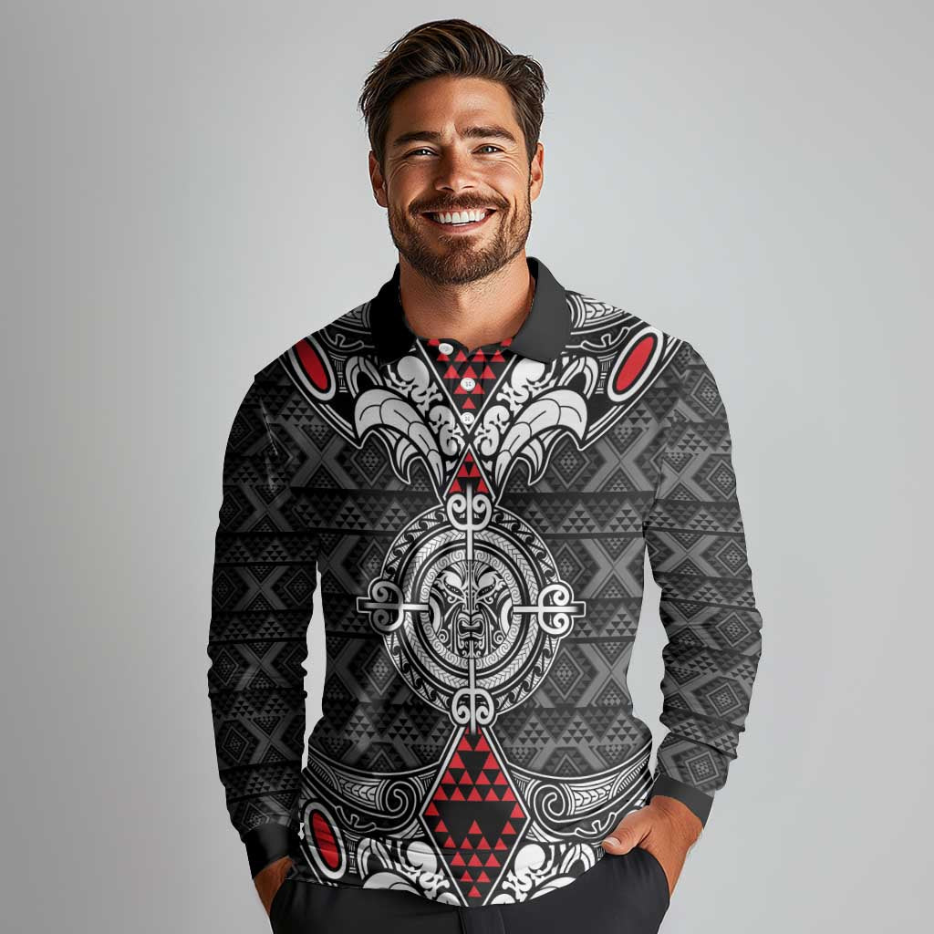 Black Aotearoa Tanilo Motif Long Sleeve Polo Shirt Vintage Maori New Zealand Tribal Art Pattern LT9 - Polynesian Pride