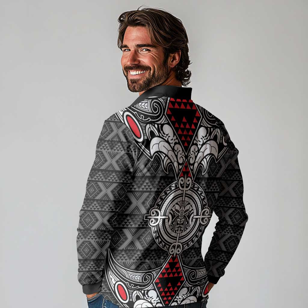 Black Aotearoa Tanilo Motif Long Sleeve Polo Shirt Vintage Maori New Zealand Tribal Art Pattern LT9 - Polynesian Pride