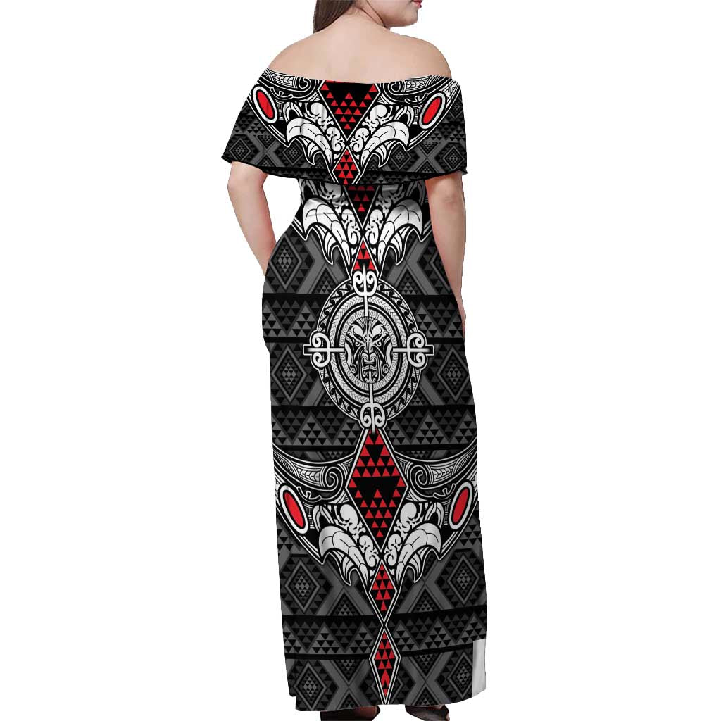 Black Aotearoa Tanilo Motif Off Shoulder Maxi Dress Vintage Maori New Zealand Tribal Art Pattern LT9 - Polynesian Pride