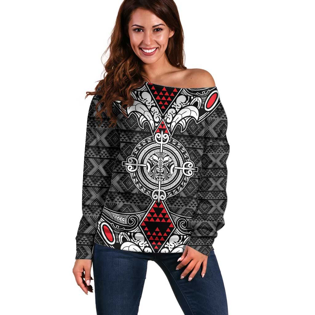 Black Aotearoa Tanilo Motif Off Shoulder Sweater Vintage Maori New Zealand Tribal Art Pattern LT9 Women Black - Polynesian Pride