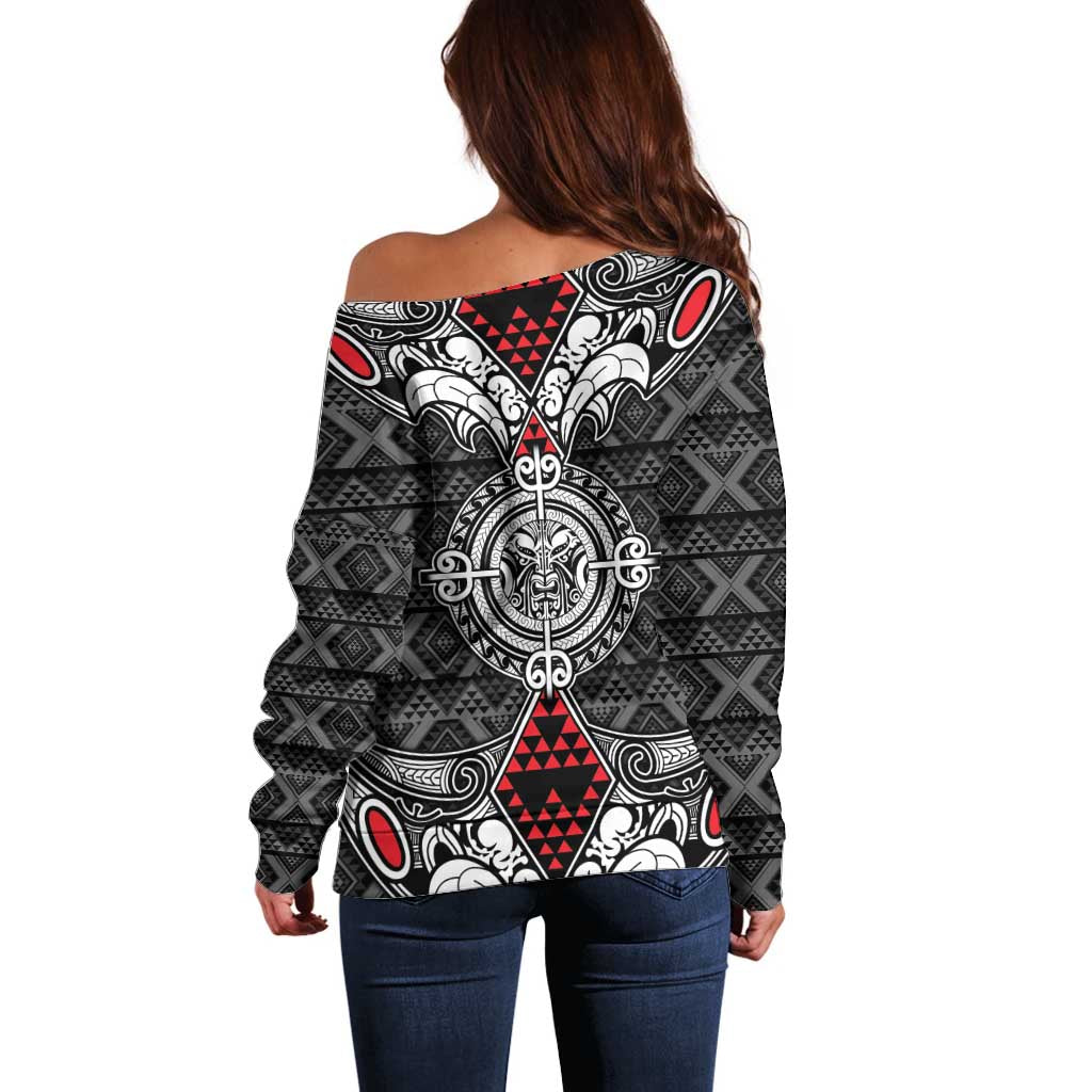 Black Aotearoa Tanilo Motif Off Shoulder Sweater Vintage Maori New Zealand Tribal Art Pattern LT9 - Polynesian Pride