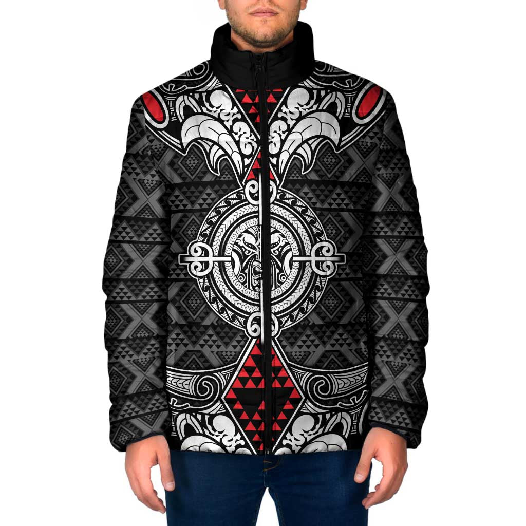 Black Aotearoa Taniko Motif Padded Jacket Vintage Maori New Zealand Tribal Art Pattern LT9 Men Black - Polynesian Pride