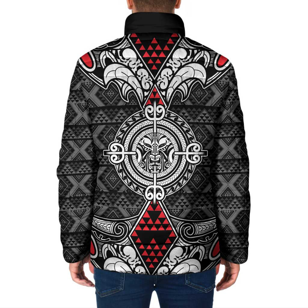 Black Aotearoa Taniko Motif Padded Jacket Vintage Maori New Zealand Tribal Art Pattern LT9 - Polynesian Pride
