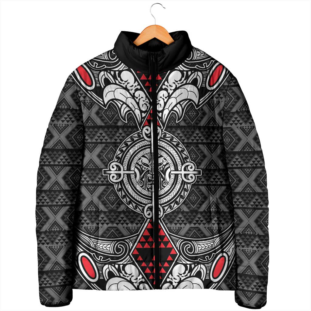 Black Aotearoa Taniko Motif Padded Jacket Vintage Maori New Zealand Tribal Art Pattern LT9 - Polynesian Pride