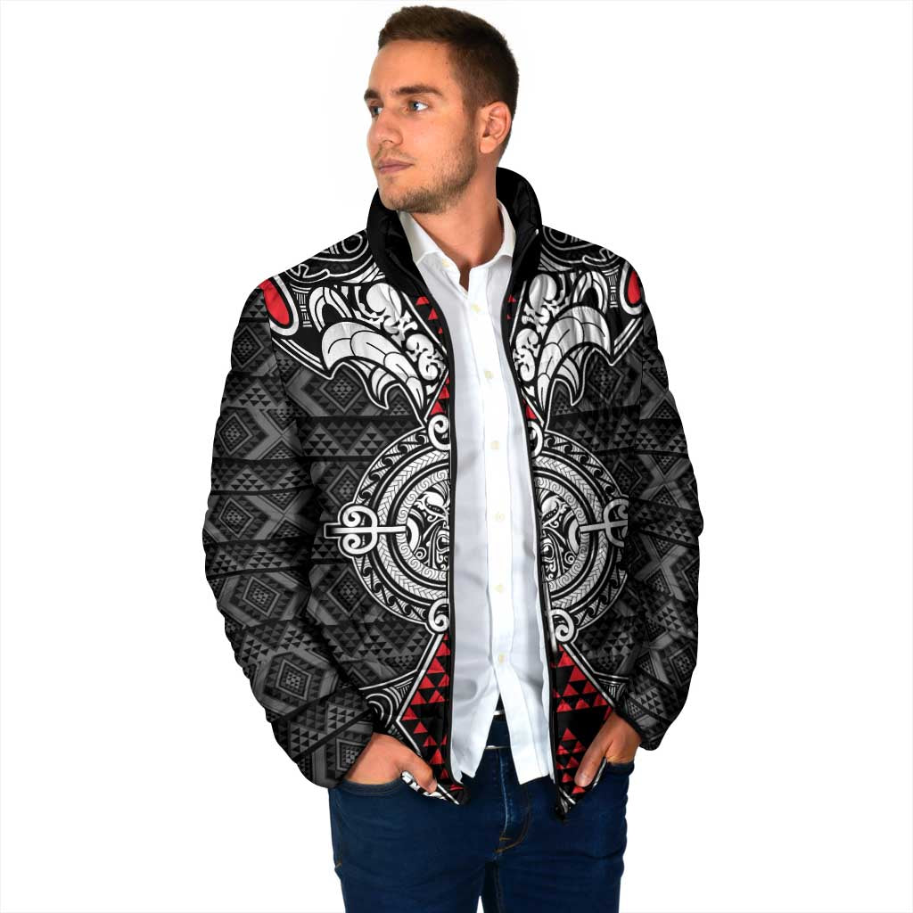 Black Aotearoa Taniko Motif Padded Jacket Vintage Maori New Zealand Tribal Art Pattern LT9 - Polynesian Pride