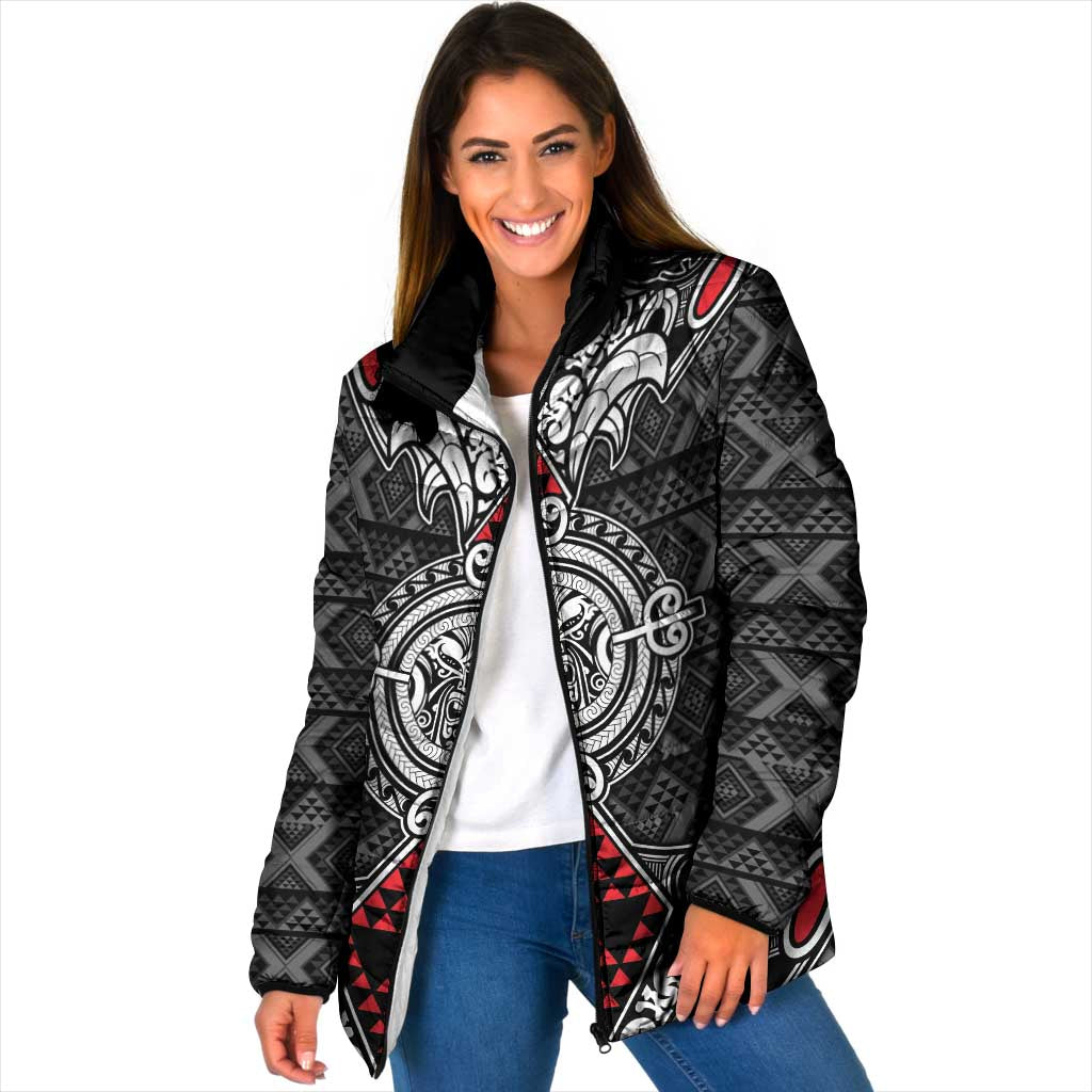 Black Aotearoa Taniko Motif Padded Jacket Vintage Maori New Zealand Tribal Art Pattern LT9 Women Black - Polynesian Pride