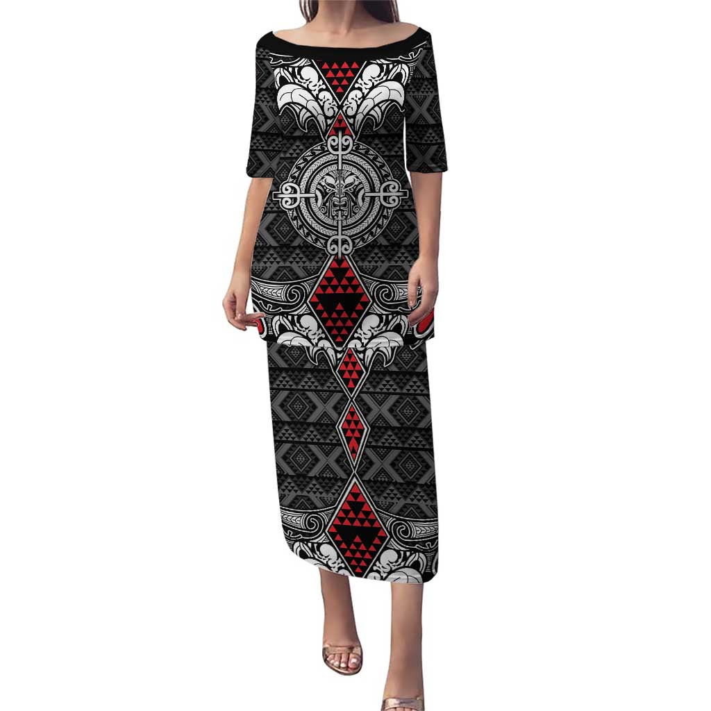 Black Aotearoa Tanilo Motif Puletasi Vintage Maori New Zealand Tribal Art Pattern LT9 Long Dress Black - Polynesian Pride
