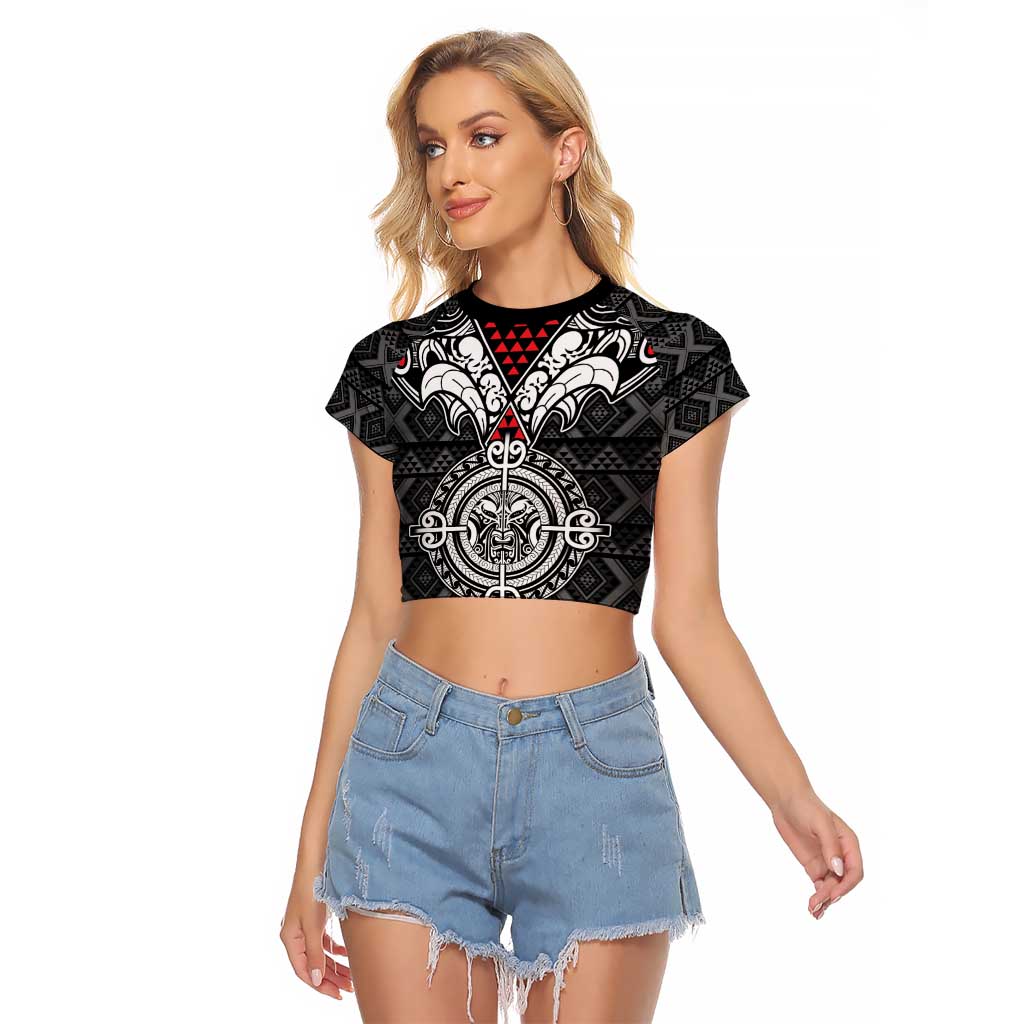 Black Aotearoa Tanilo Motif Raglan Cropped T Shirt Vintage Maori New Zealand Tribal Art Pattern LT9 Female Black - Polynesian Pride