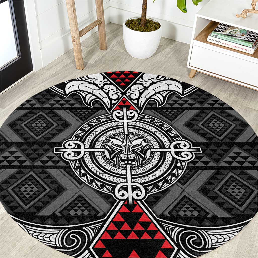 Black Aotearoa Taniko Motif Round Carpet Vintage Maori New Zealand Tribal Art Pattern LT9 Black - Polynesian Pride