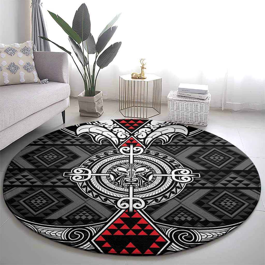Black Aotearoa Taniko Motif Round Carpet Vintage Maori New Zealand Tribal Art Pattern LT9 - Polynesian Pride