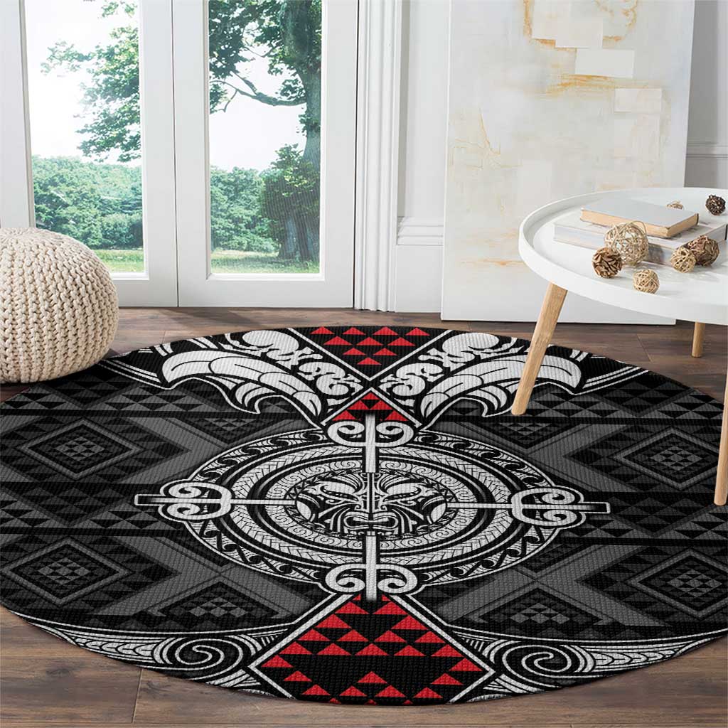 Black Aotearoa Taniko Motif Round Carpet Vintage Maori New Zealand Tribal Art Pattern LT9 - Polynesian Pride