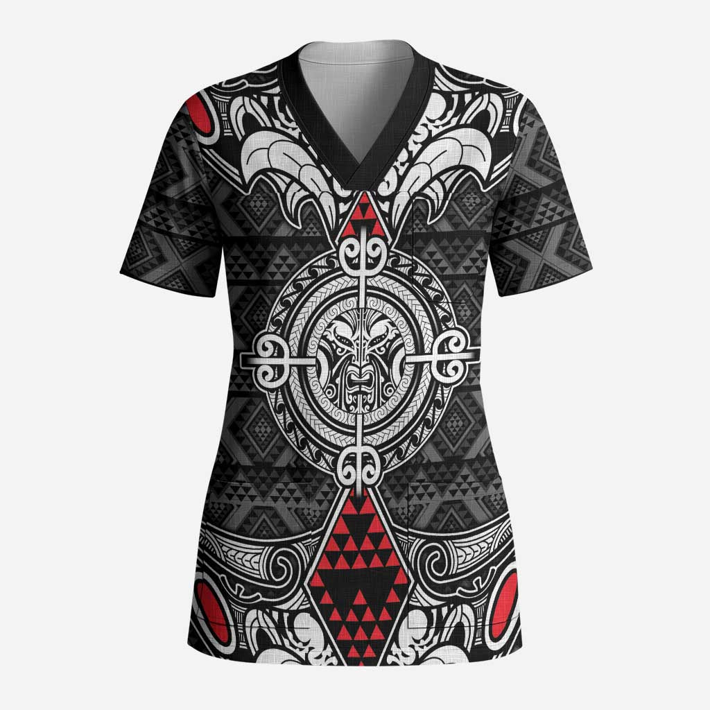 Black Aotearoa Taniko Motif Scrub Top Vintage Maori New Zealand Tribal Art Pattern LT9 Adult Black - Polynesian Pride