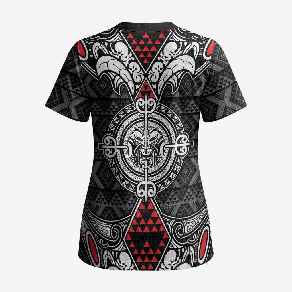 Black Aotearoa Taniko Motif Scrub Top Vintage Maori New Zealand Tribal Art Pattern LT9 - Polynesian Pride