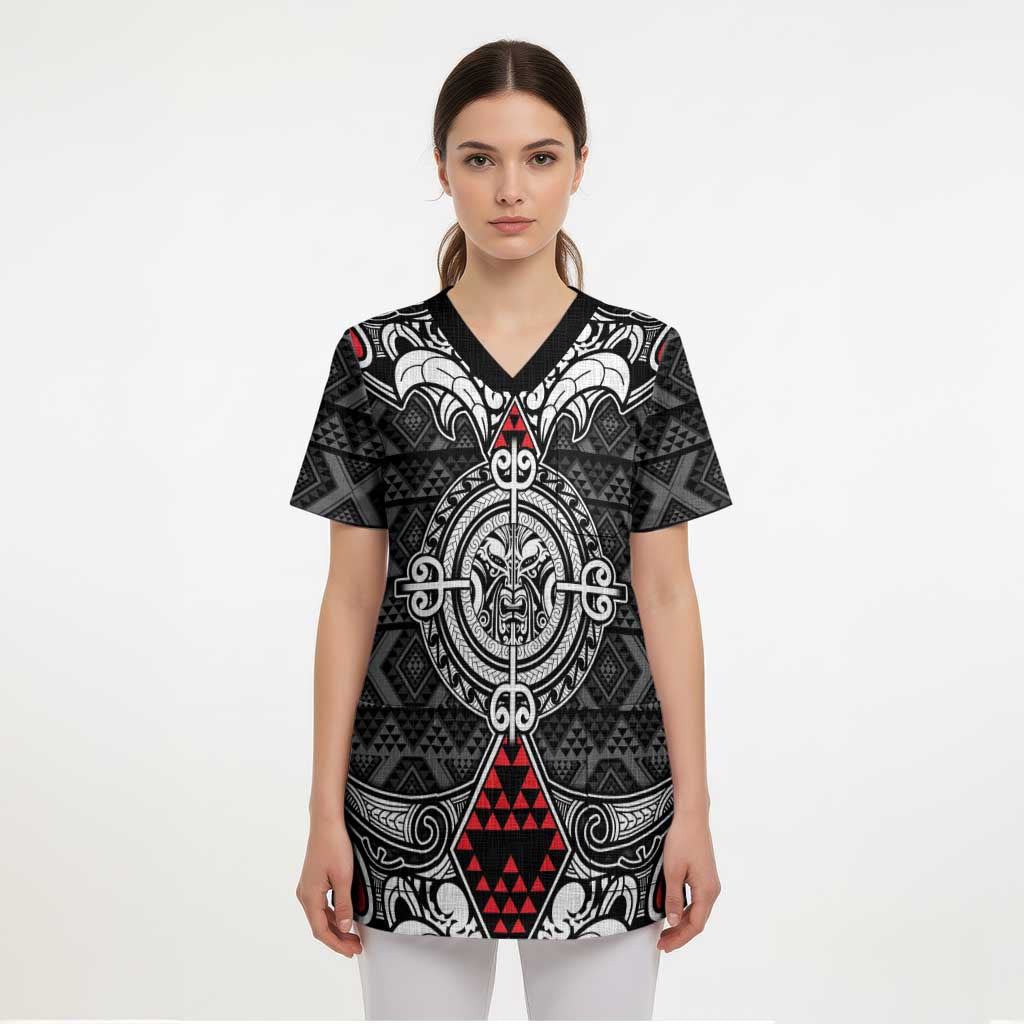 Black Aotearoa Taniko Motif Scrub Top Vintage Maori New Zealand Tribal Art Pattern LT9 - Polynesian Pride
