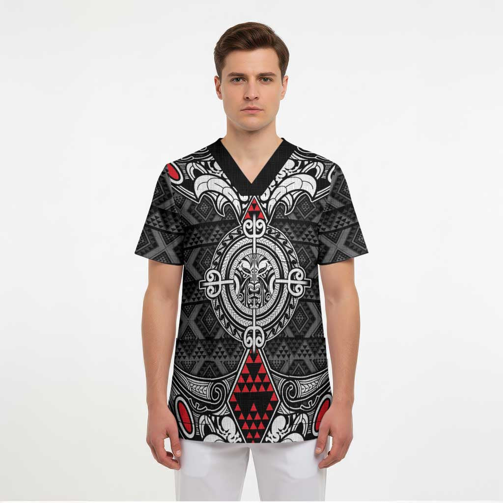 Black Aotearoa Taniko Motif Scrub Top Vintage Maori New Zealand Tribal Art Pattern LT9 - Polynesian Pride