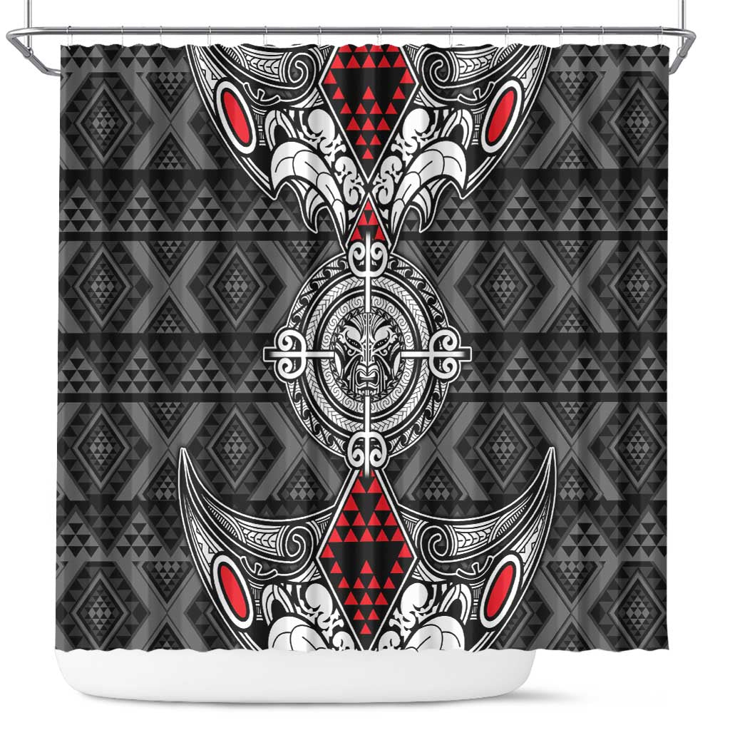 Black Aotearoa Taniko Motif Shower Curtain Vintage Maori New Zealand Tribal Art Pattern LT9 Black - Polynesian Pride