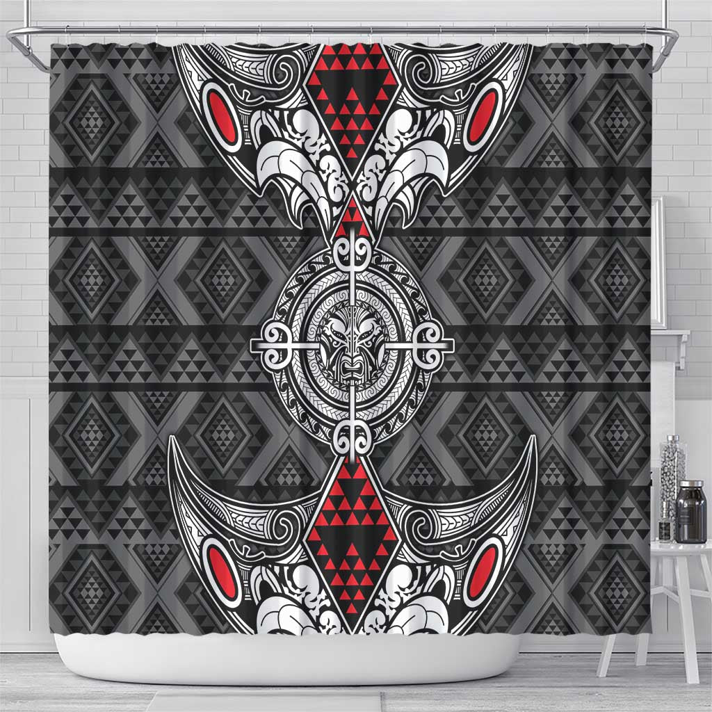 Black Aotearoa Taniko Motif Shower Curtain Vintage Maori New Zealand Tribal Art Pattern LT9 - Polynesian Pride